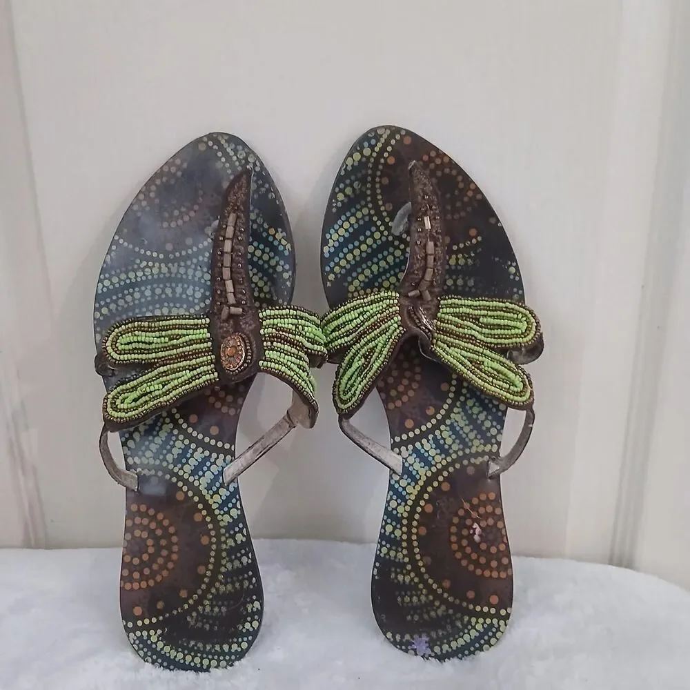 Y2K Vintage Beaded Dragonfly Flip Flop Thong Sandals 9 Boho Fairy Granola Earthy